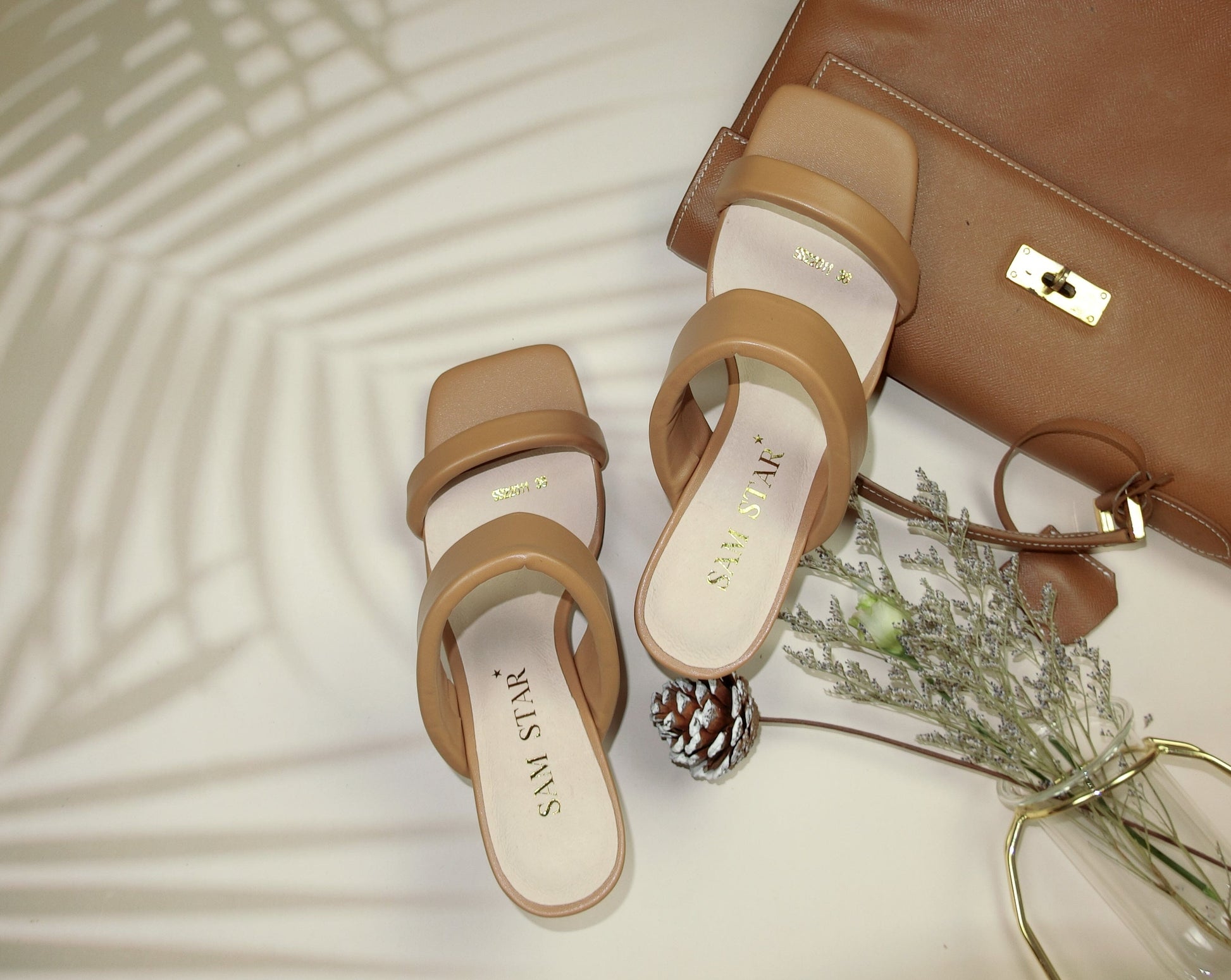SS22011 Genuine leather puffy straps sandals in Tan sandals Sam Star Shoes Tan 38/5
