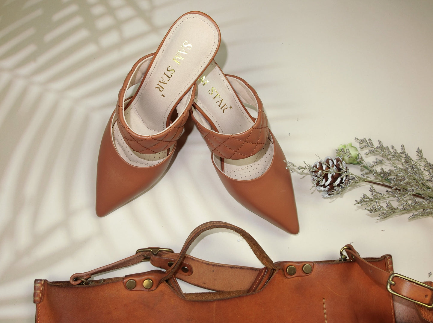 SS22015 Genuine leather court shoes in quilted detail in Tan ladies shoes Sam Star Shoes Tan 36/3
