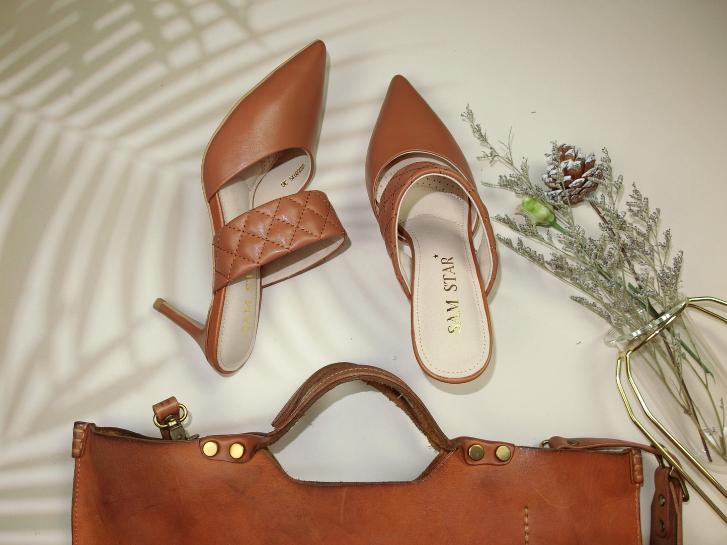 SS22015 Genuine leather court shoes in quilted detail in Tan ladies shoes Sam Star Shoes Tan 37/4