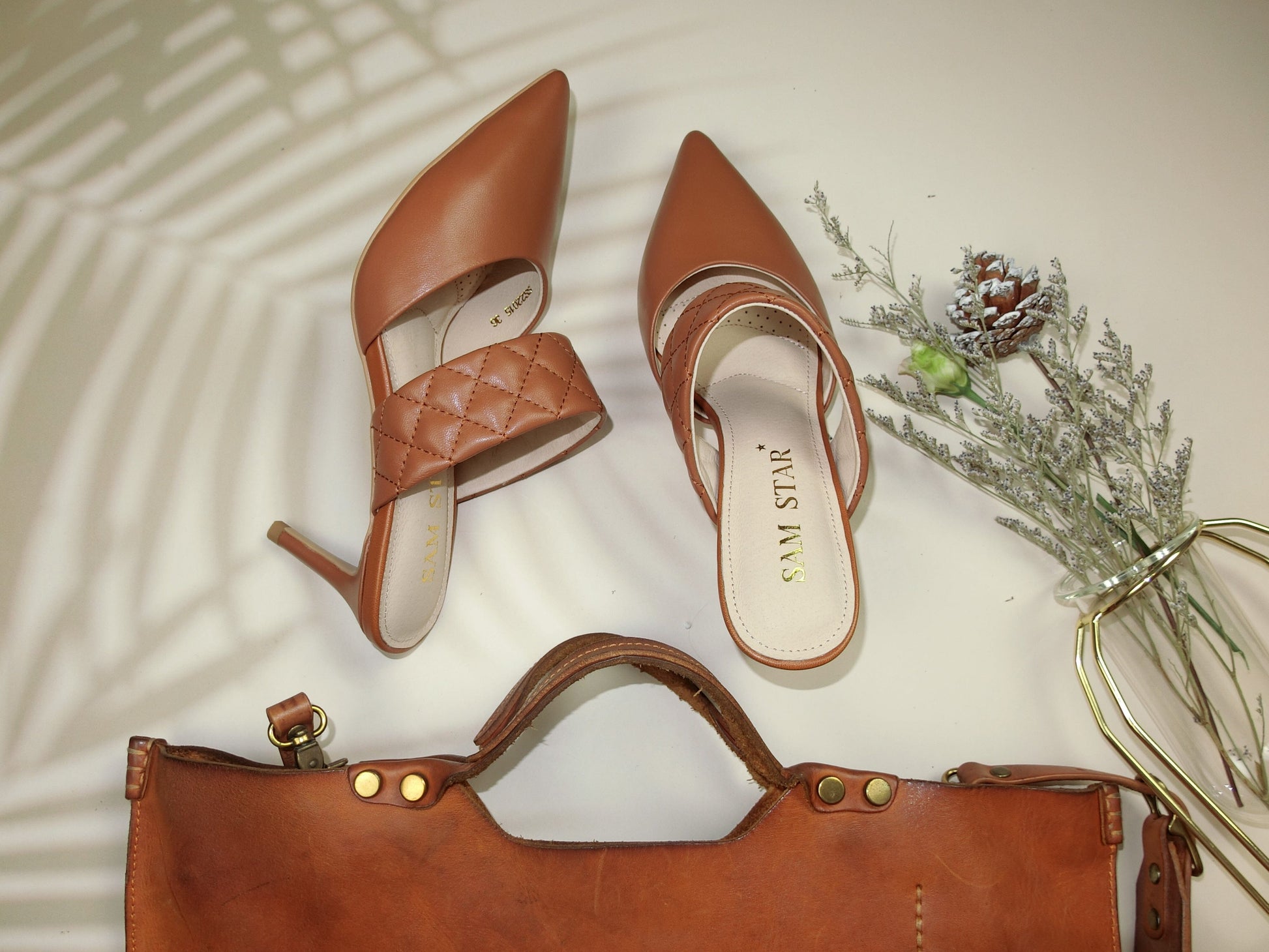 SS22015 Genuine leather court shoes in quilted detail in Tan ladies shoes Sam Star Shoes Tan 37/4