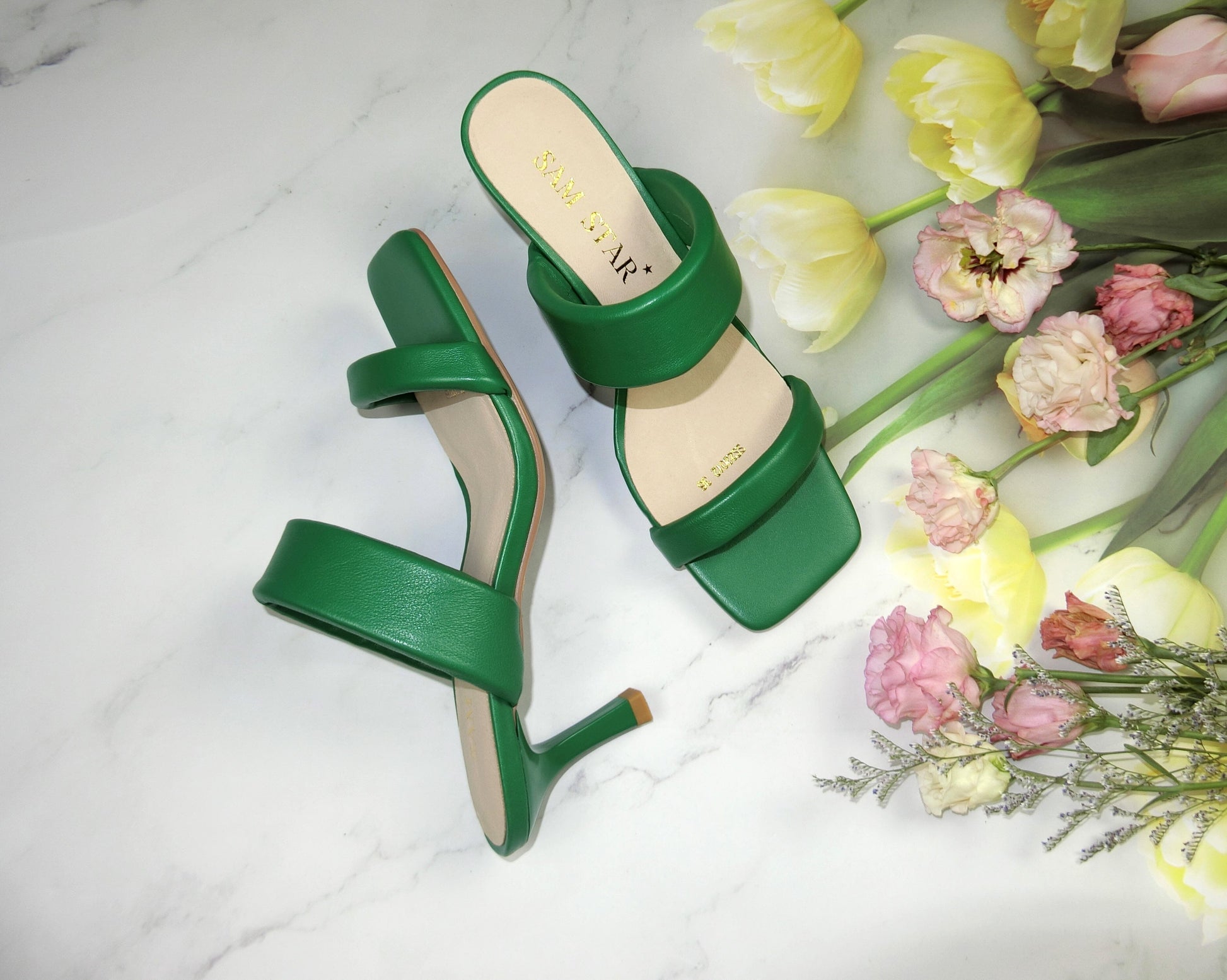 SS22012 Genuine leather puffy straps sandals in Green sandals Sam Star Shoes