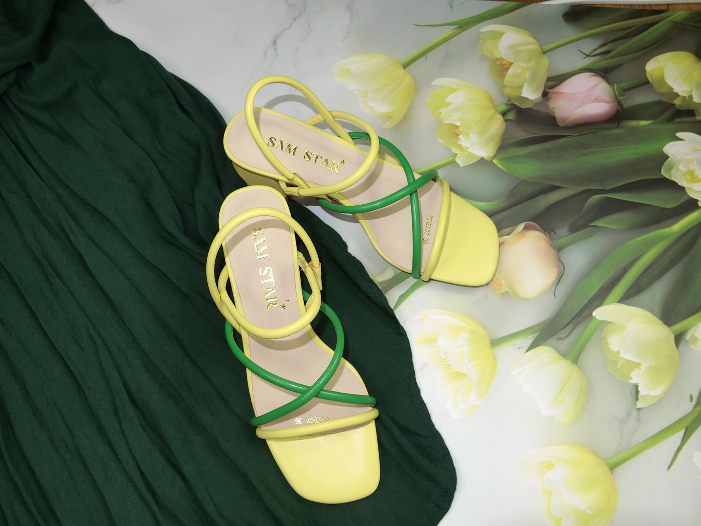 SS22008 Genuine leather strappy block heel sandals in Green and Yellow sandals Sam Star Shoes Green/Yellow 36/3 