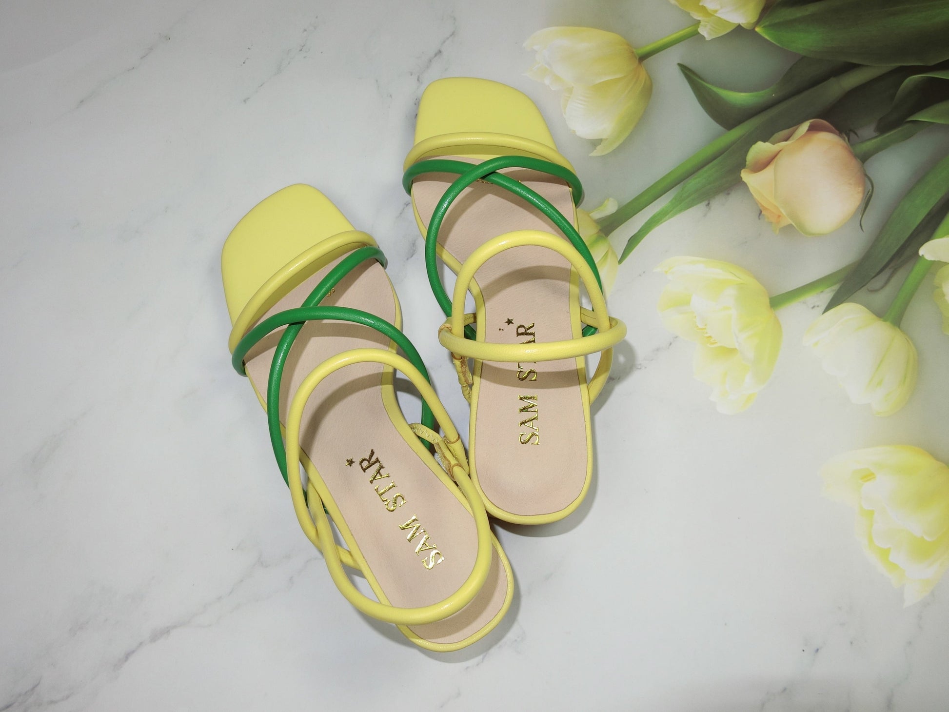 SS22008 Genuine leather strappy block heel sandals in Green and Yellow sandals Sam Star Shoes Green/Yellow 40/7 