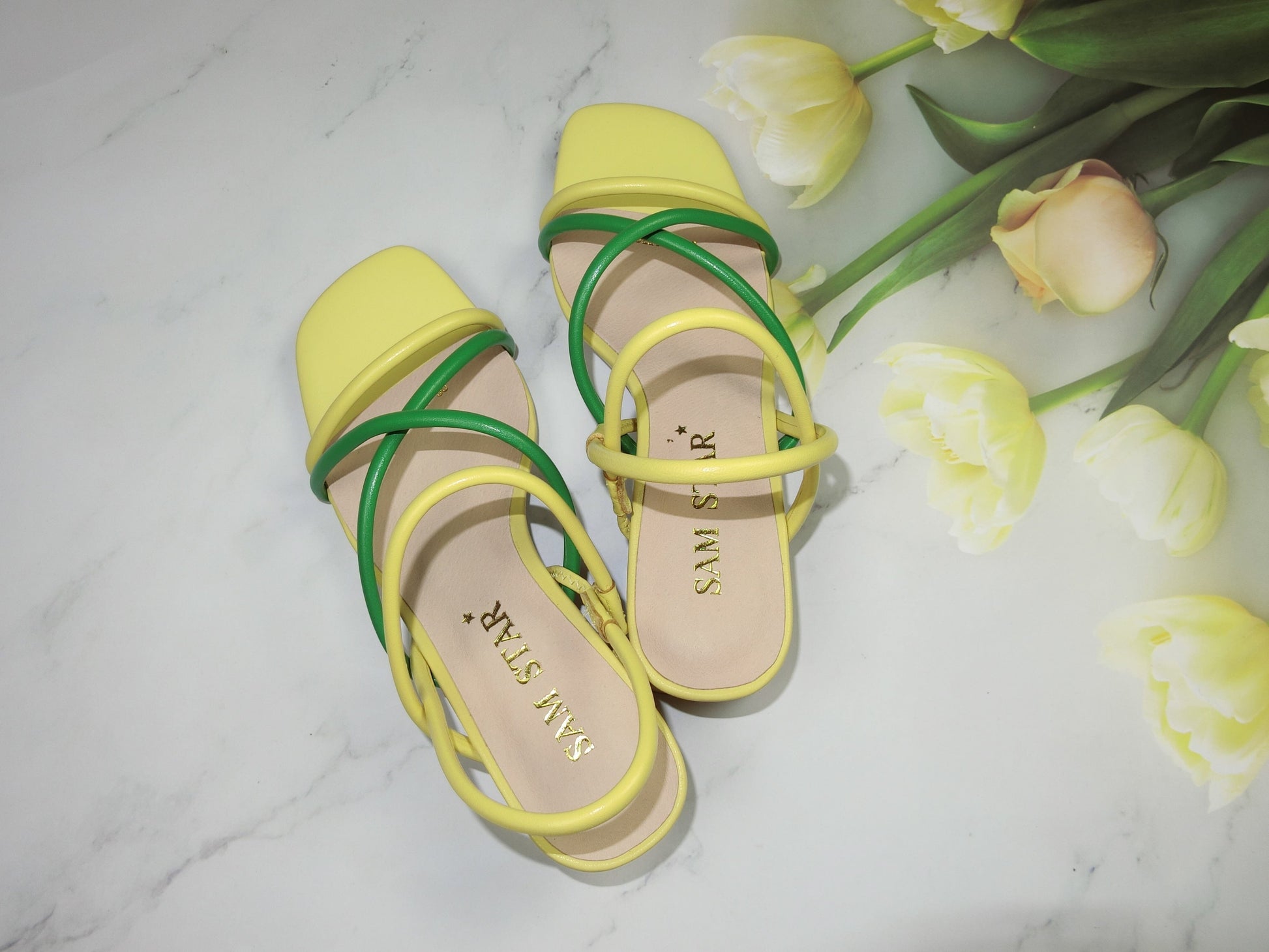 SS22008 Genuine leather strappy block heel sandals in Green and Yellow sandals Sam Star Shoes Green/Yellow 40/7