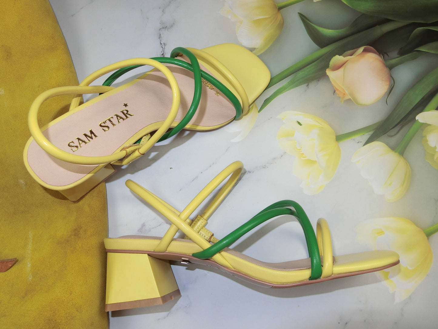 SS22008 Genuine leather strappy block heel sandals in Green and Yellow sandals Sam Star Shoes