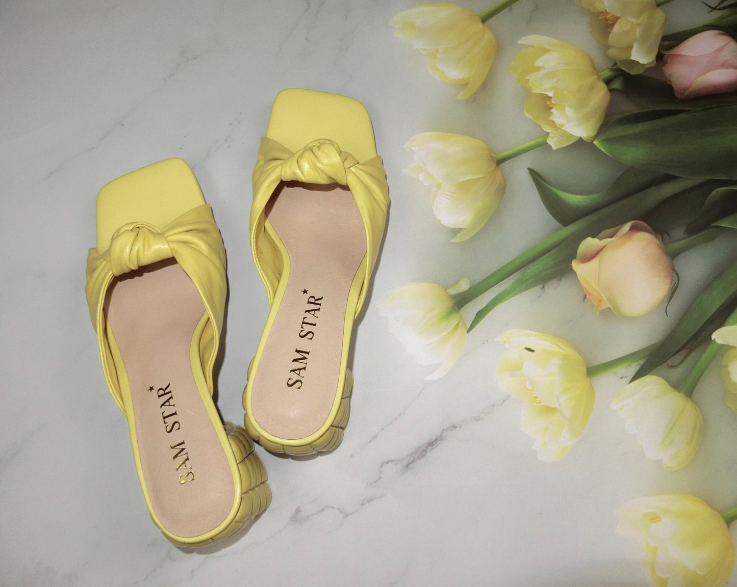 SS22014 Genuine leather bow tie block heel sandals in Yellow sandals Sam Star Shoes