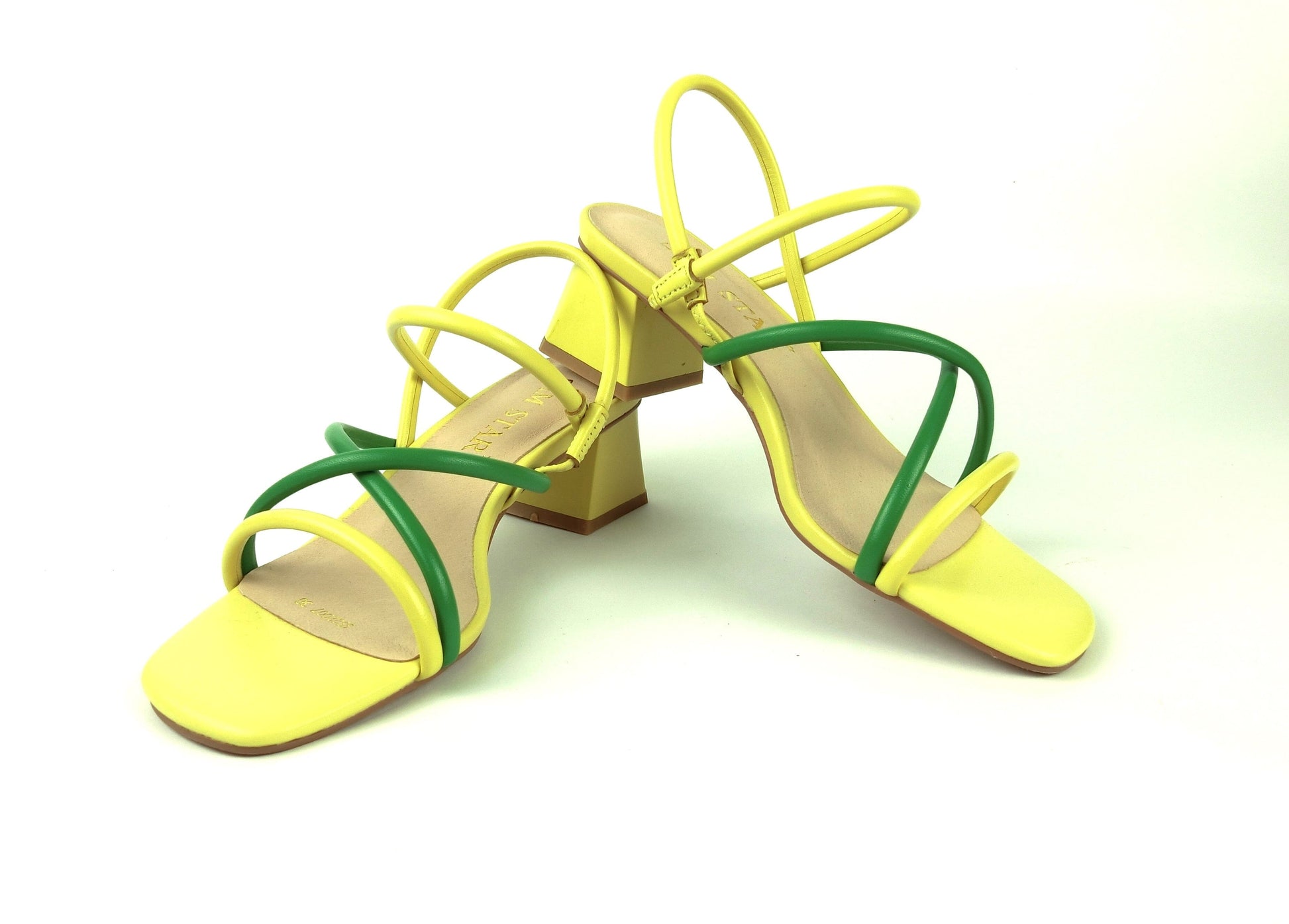 SS22008 Genuine leather strappy block heel sandals in Green and Yellow sandals Sam Star Shoes Green/Yellow 37/4