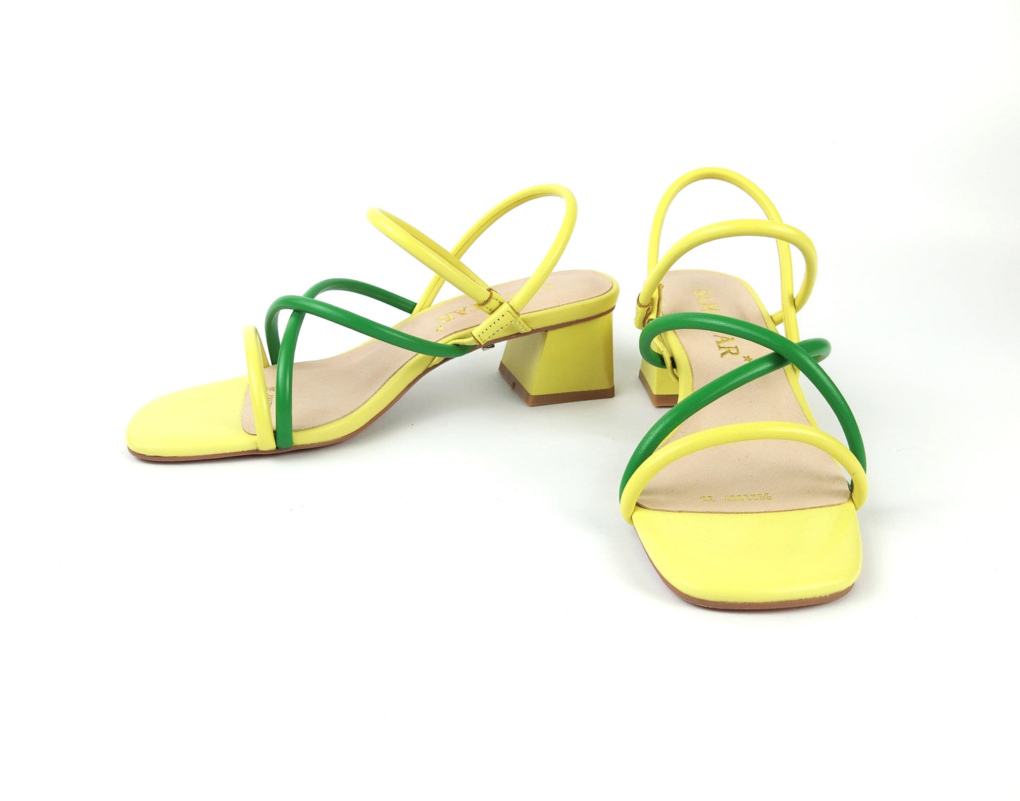 SS22008 Genuine leather strappy block heel sandals in Green and Yellow sandals Sam Star Shoes