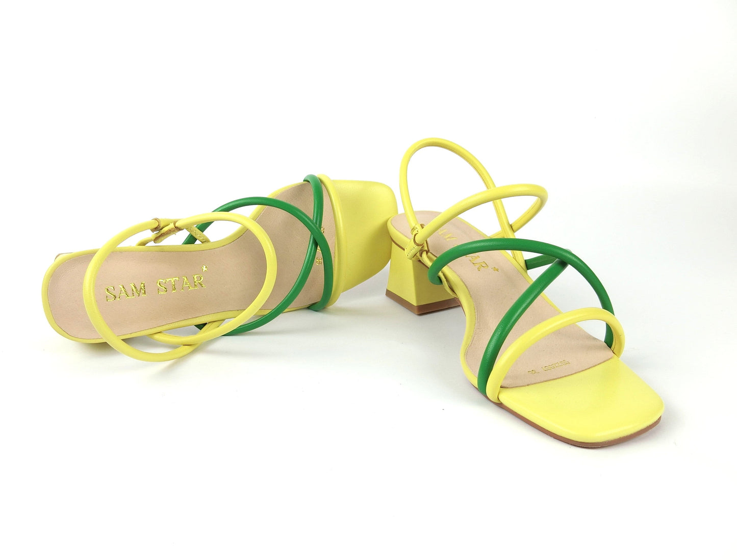 SS22008 Genuine leather strappy block heel sandals in Green and Yellow sandals Sam Star Shoes