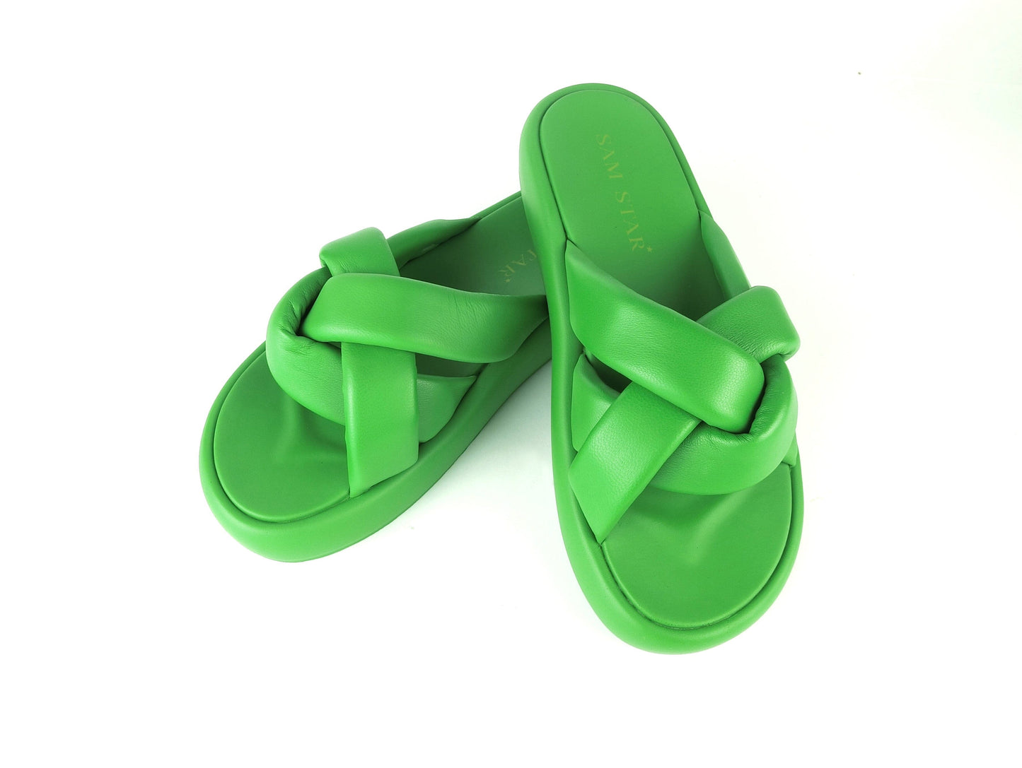 SS22016 Leather woven leather sport deluxe flat slider Shoes Sam Star Shoes Green 4 (37)