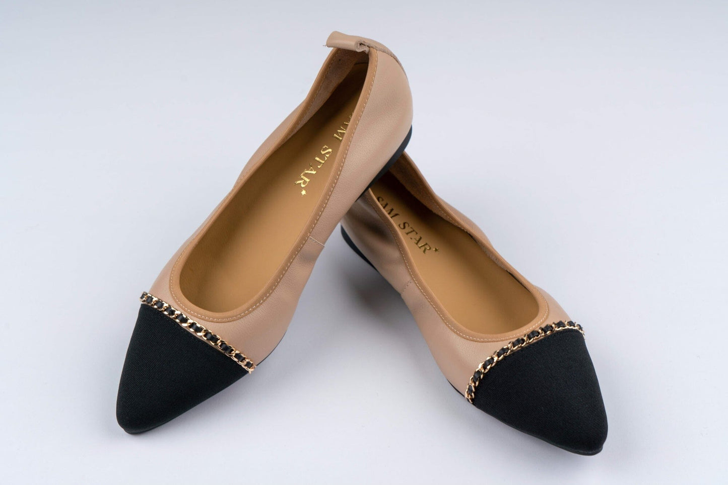 SS23001 Pointy Leather pumps with chain detail and extra cushion( new arrival ) Pumps Sam Star Shoes Beige 37/4