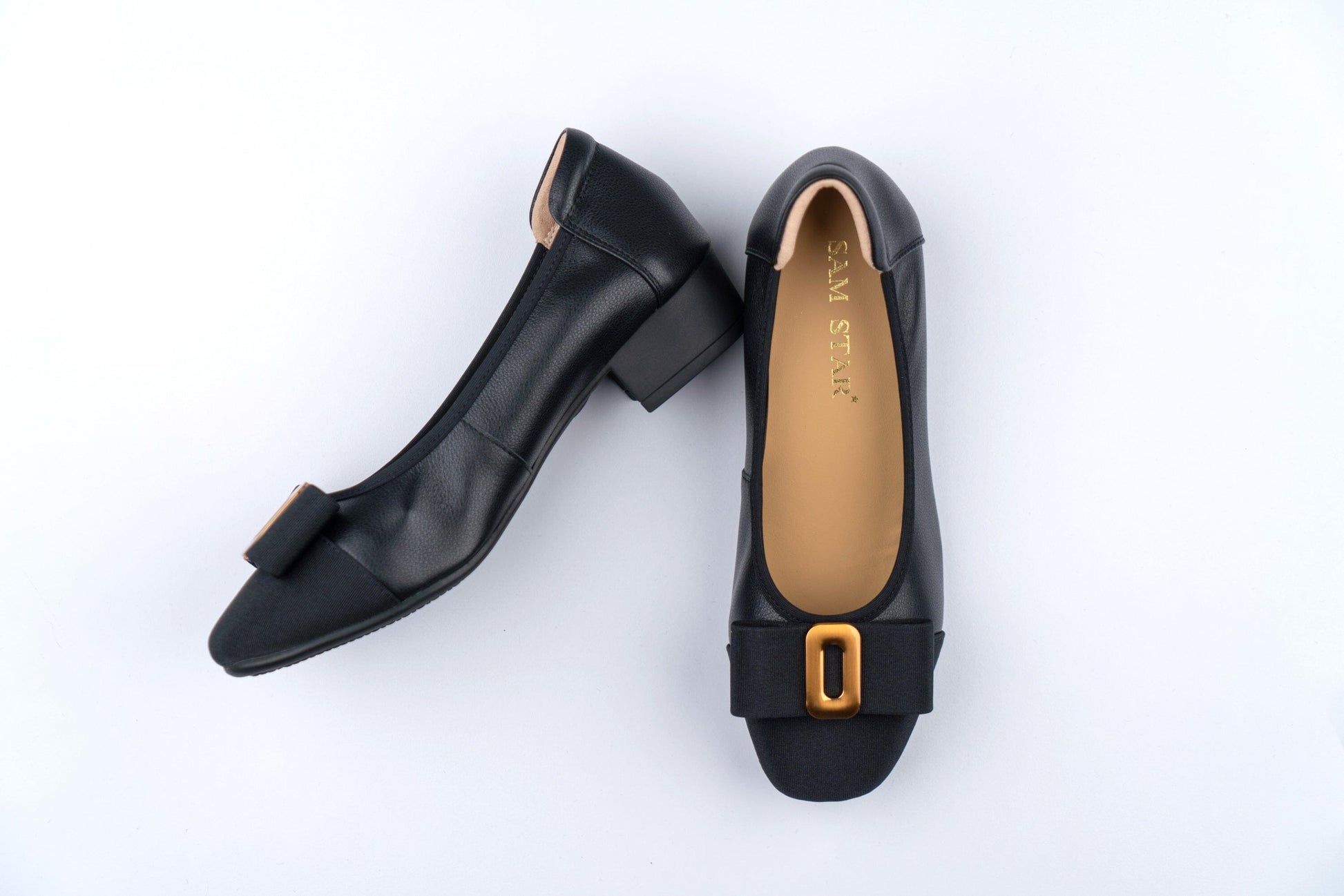 SS23002 Leather pumps with bow& gold buckle block heel ( new arrival ) Pumps Sam Star shoes Black 38/5