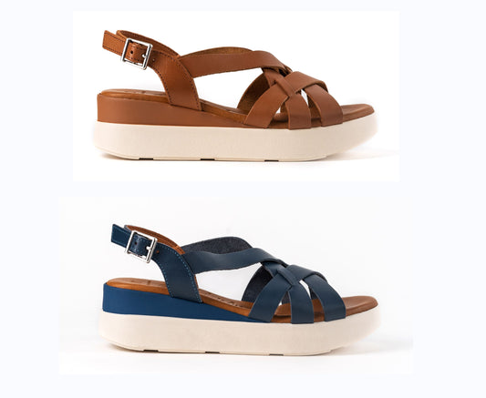 5188 Spanish leather crossed strappy sandals/wedge in Tan and Navy sandals Sam Star Shoes 