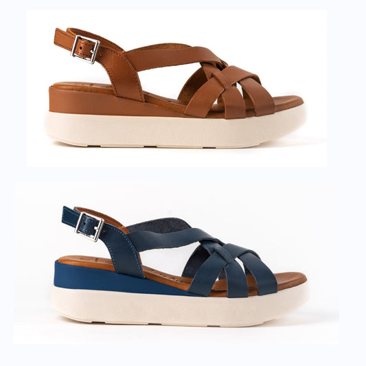 5188 Spanish leather crossed strappy sandals/wedge in Tan and Navy sandals Sam Star Shoes