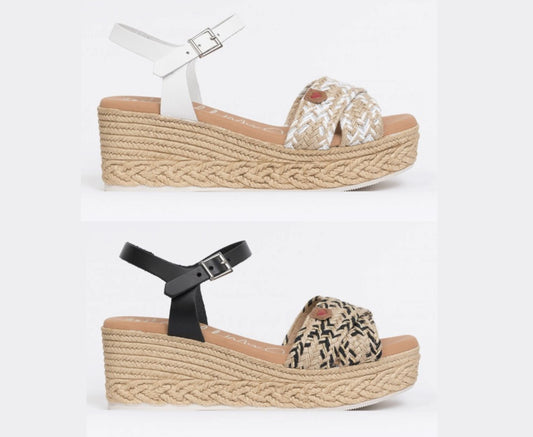 5219 Spanish leather crossed strappy sandals/wedge in Black and White sandals Sam Star Shoes