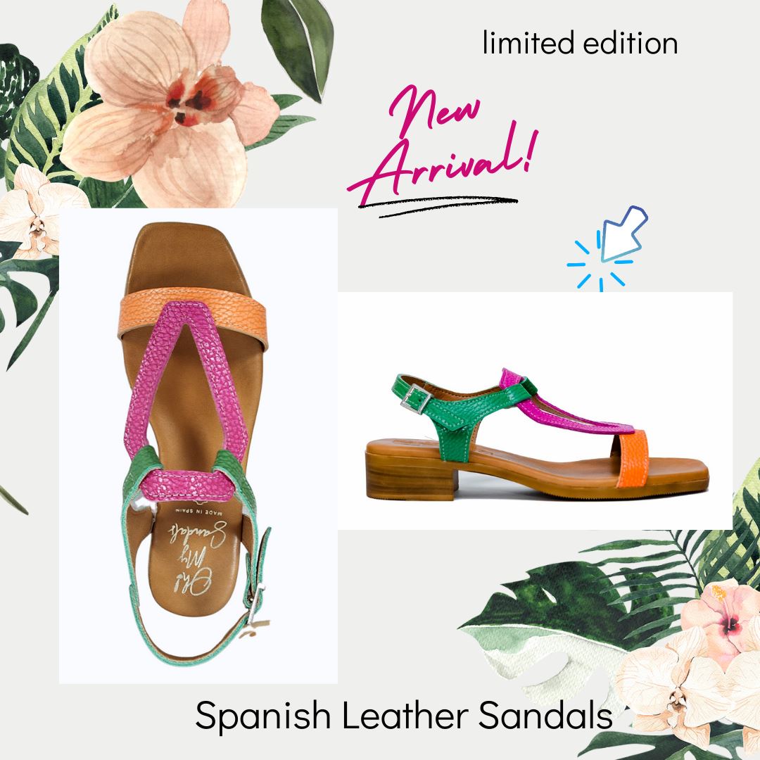 5168 Spanish leather multi colour flat sandals with cushion inside in PInk.Green.Orange sandals Sam Star Shoes