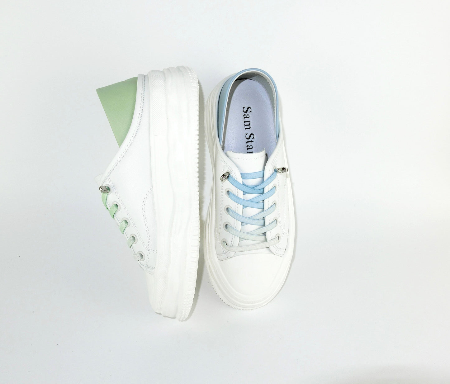 SS23003 Genuine leather white sneakers with cushions- Mint and Pale blue sneakers Sam Star Shoes
