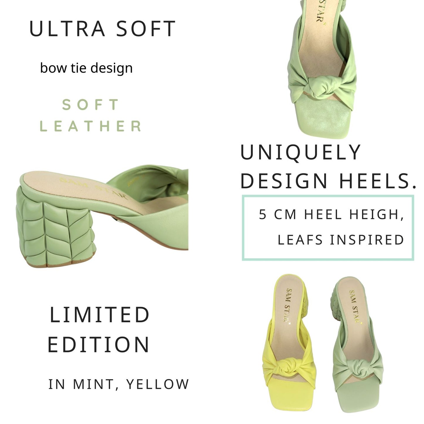 SS22014 Genuine leather bow tie block heel sandals in Yellow sandals Sam Star Shoes