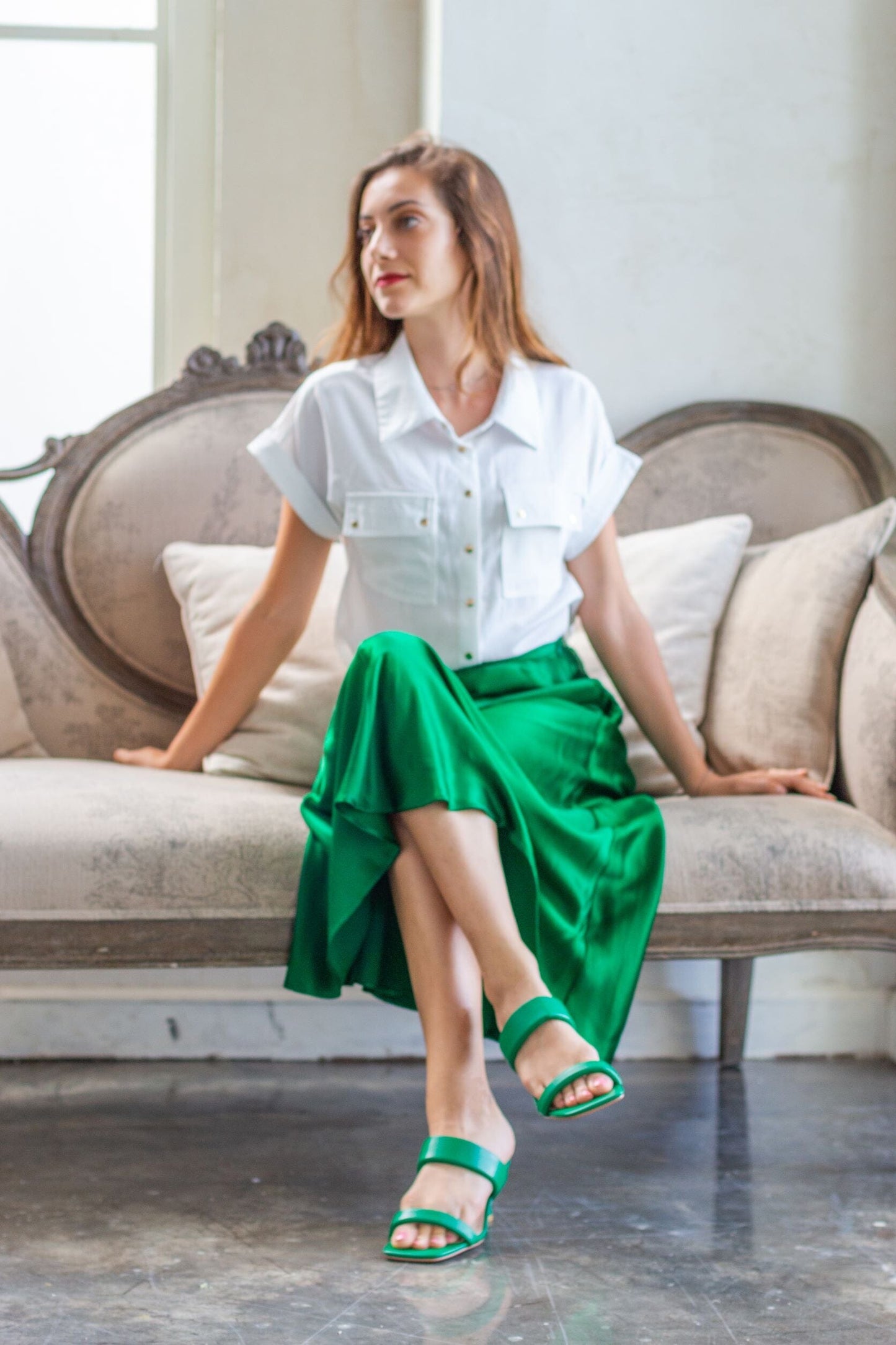 SS22012 Genuine leather puffy straps sandals in Green sandals Sam Star Shoes