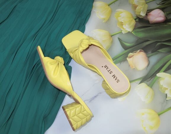 SS22014 Genuine leather bow tie block heel sandals in Yellow sandals Sam Star Shoes