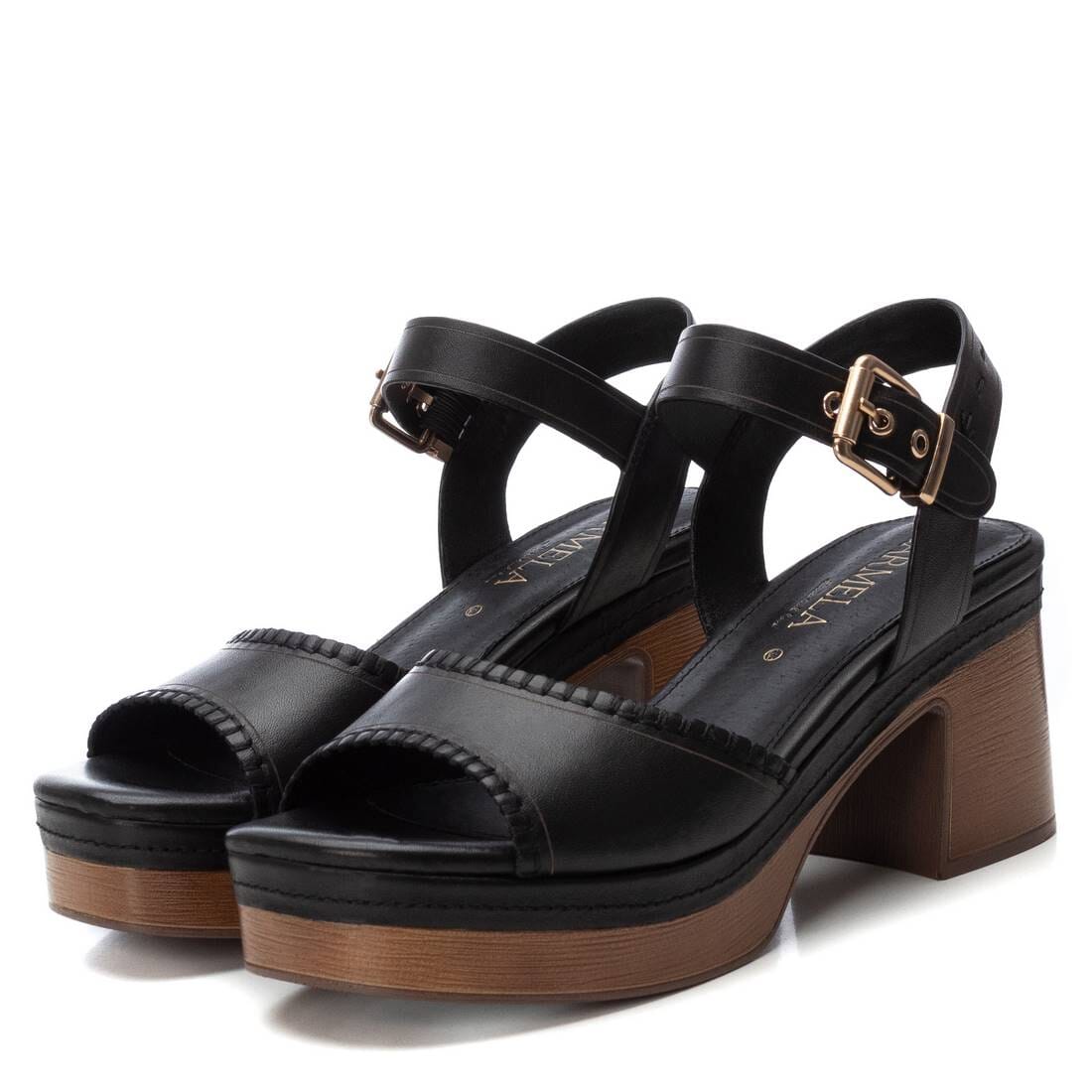 162207 Spanish leather strappy sandals in block heel platform in Tan and Black sandals Sam Star Shoes 