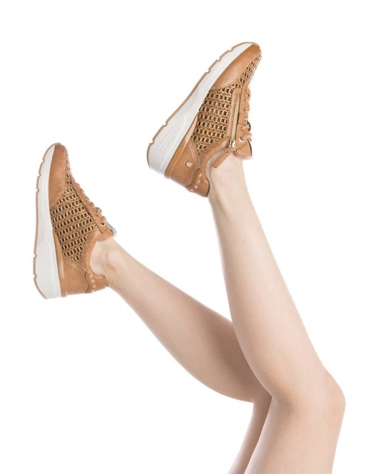 162326 Spanish design leather sneakers with rafia design in Tan sneakers Sam Star Shoes 