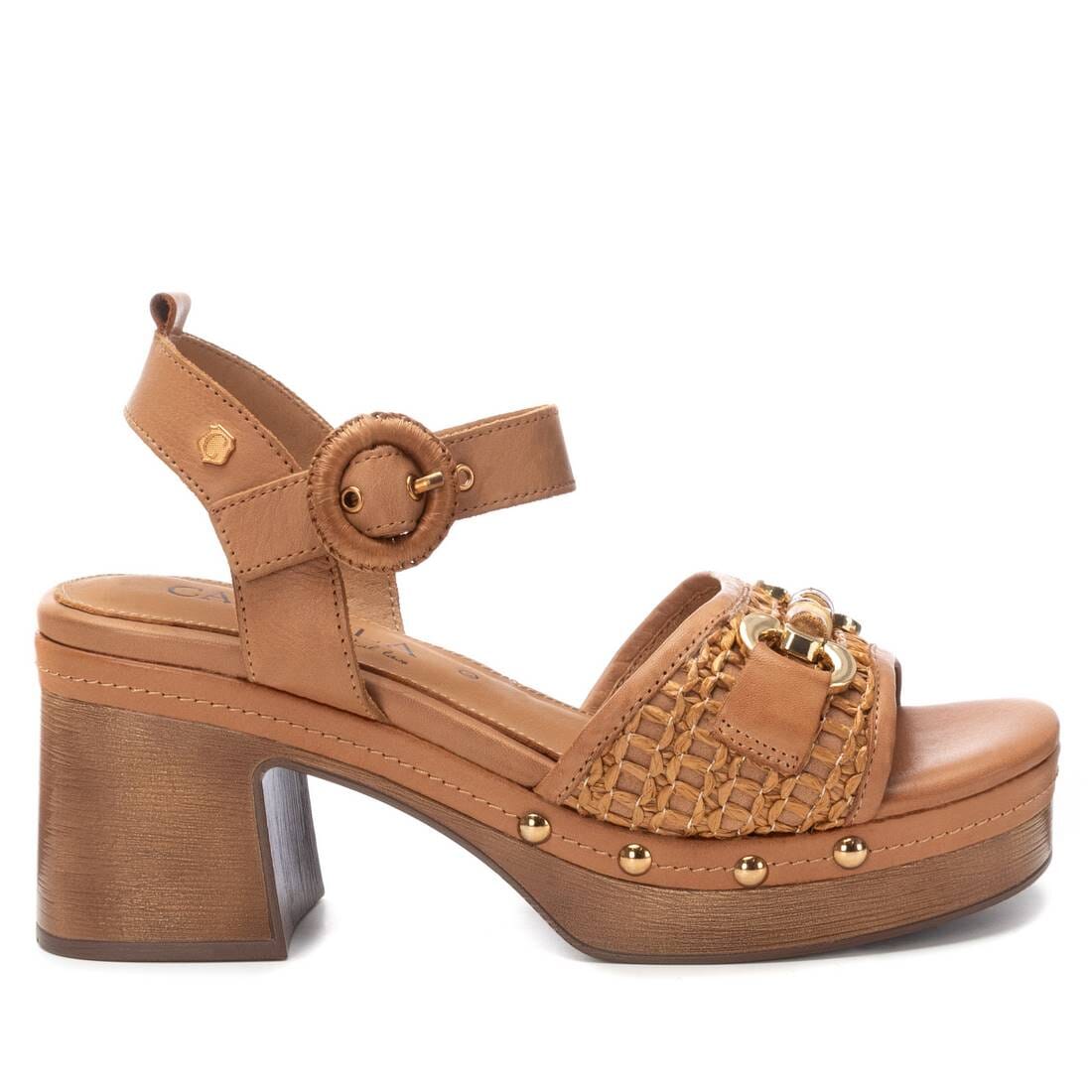 162367 Spanish leather sandals with woven detail in block heel in Tan (New) sandals Sam Star Shoes 