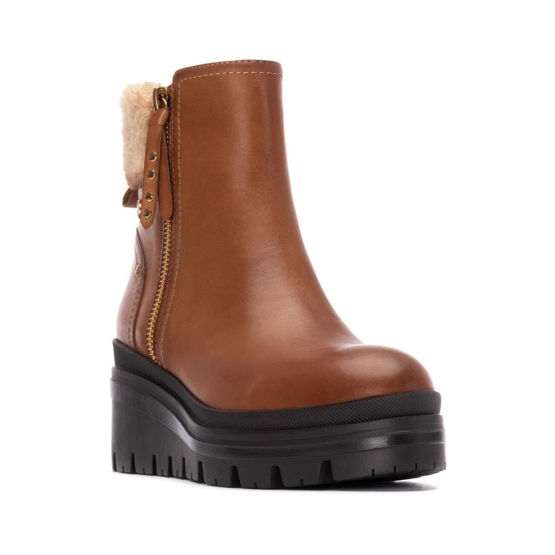 162712 Spanish leather wedge boots with faux fur in Tan Boots Sam Star shoes 