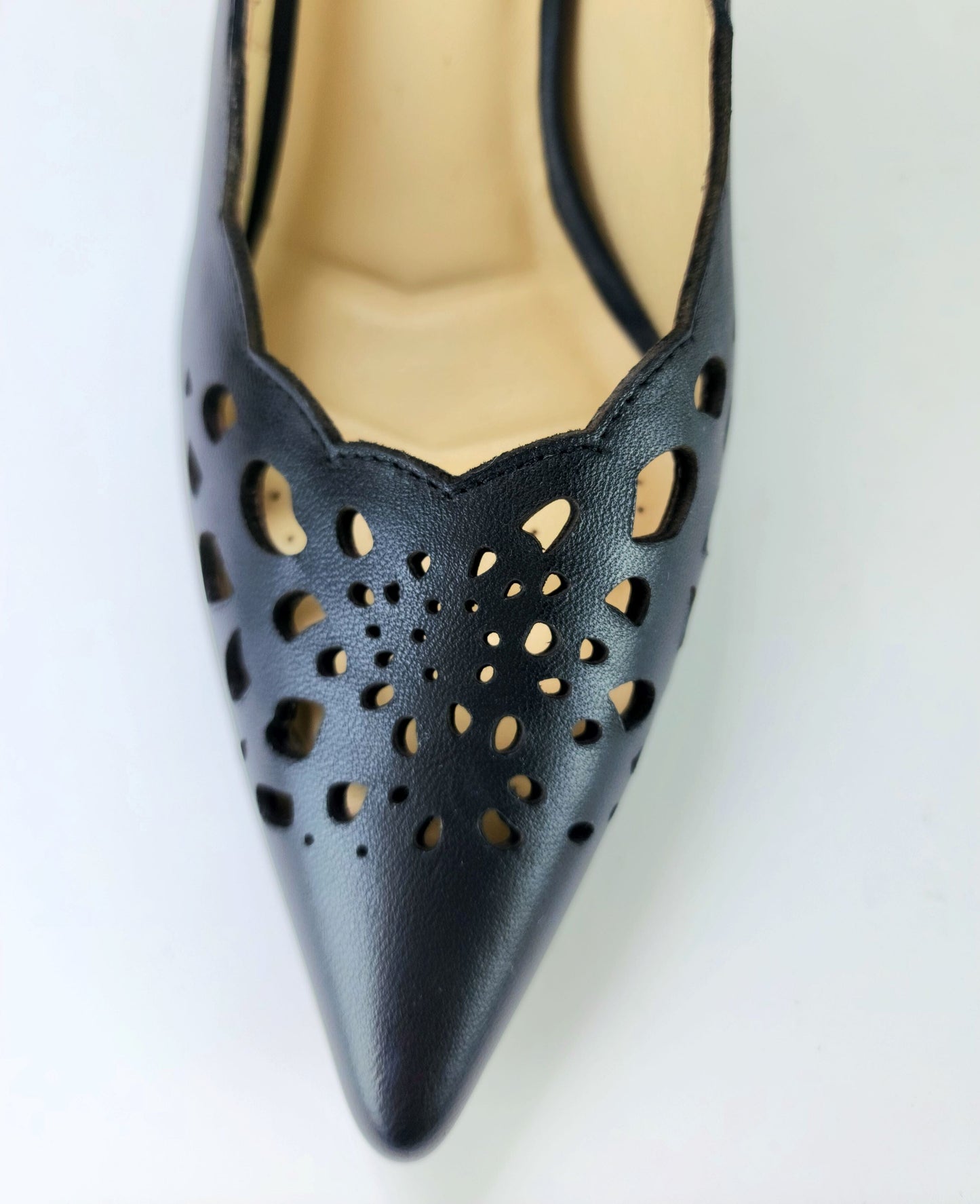 SS23008 Laser Cut Leather Court Shoes with extra cushion in Black ladies shoes Sam Star Shoes 