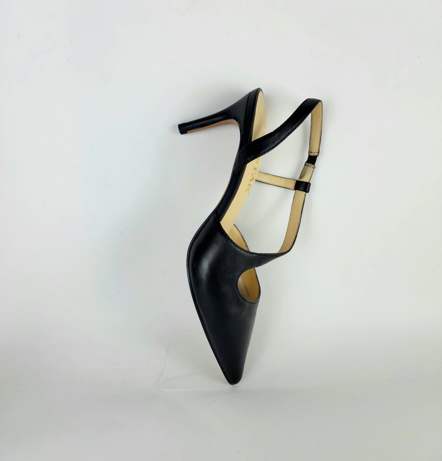 SS24004 Leather court shoes in sling back heel in Black and silver ladies shoes Sam Star shoes 