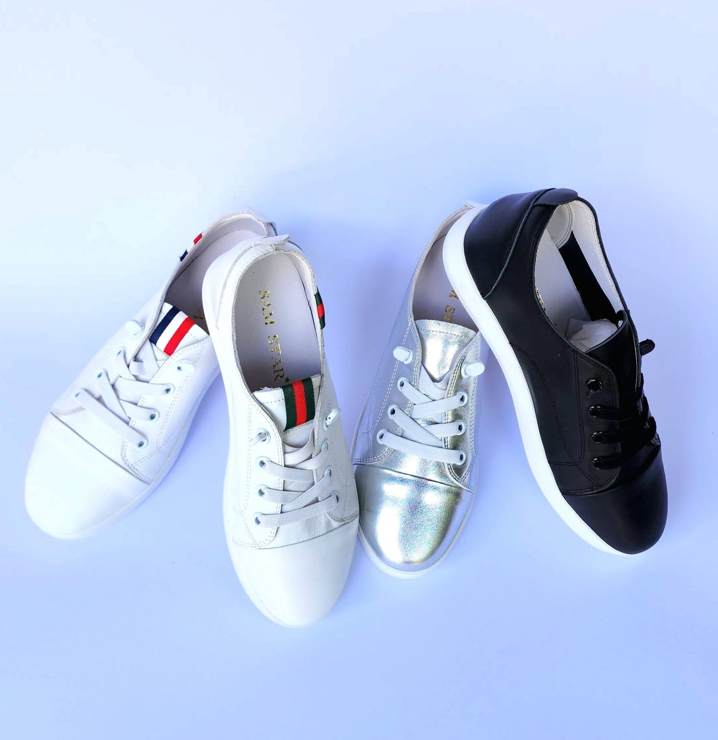 SS24007 Genuine leather sneakers with cushions - White, Black and Silver sneakers Sam Star Shoes 