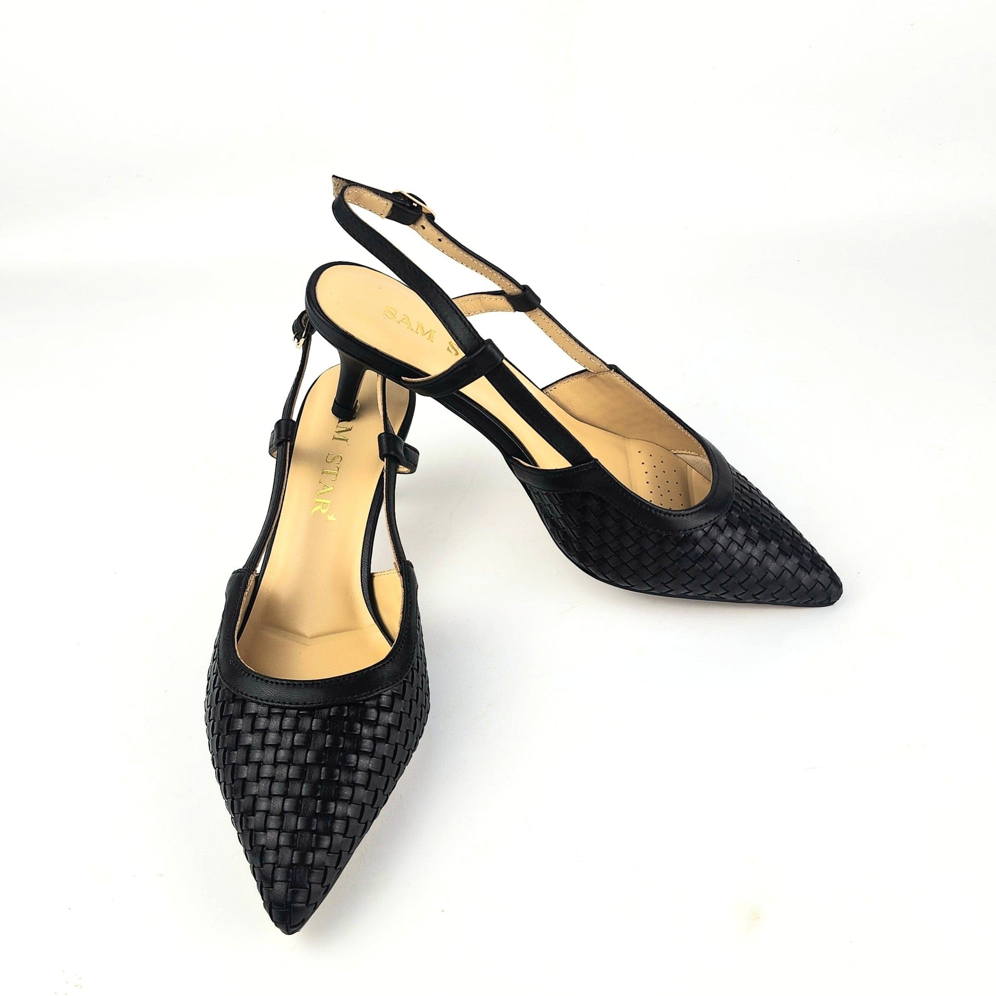 SS26003 Leather woven court shoes - Black ladies shoes Sam Star shoes 