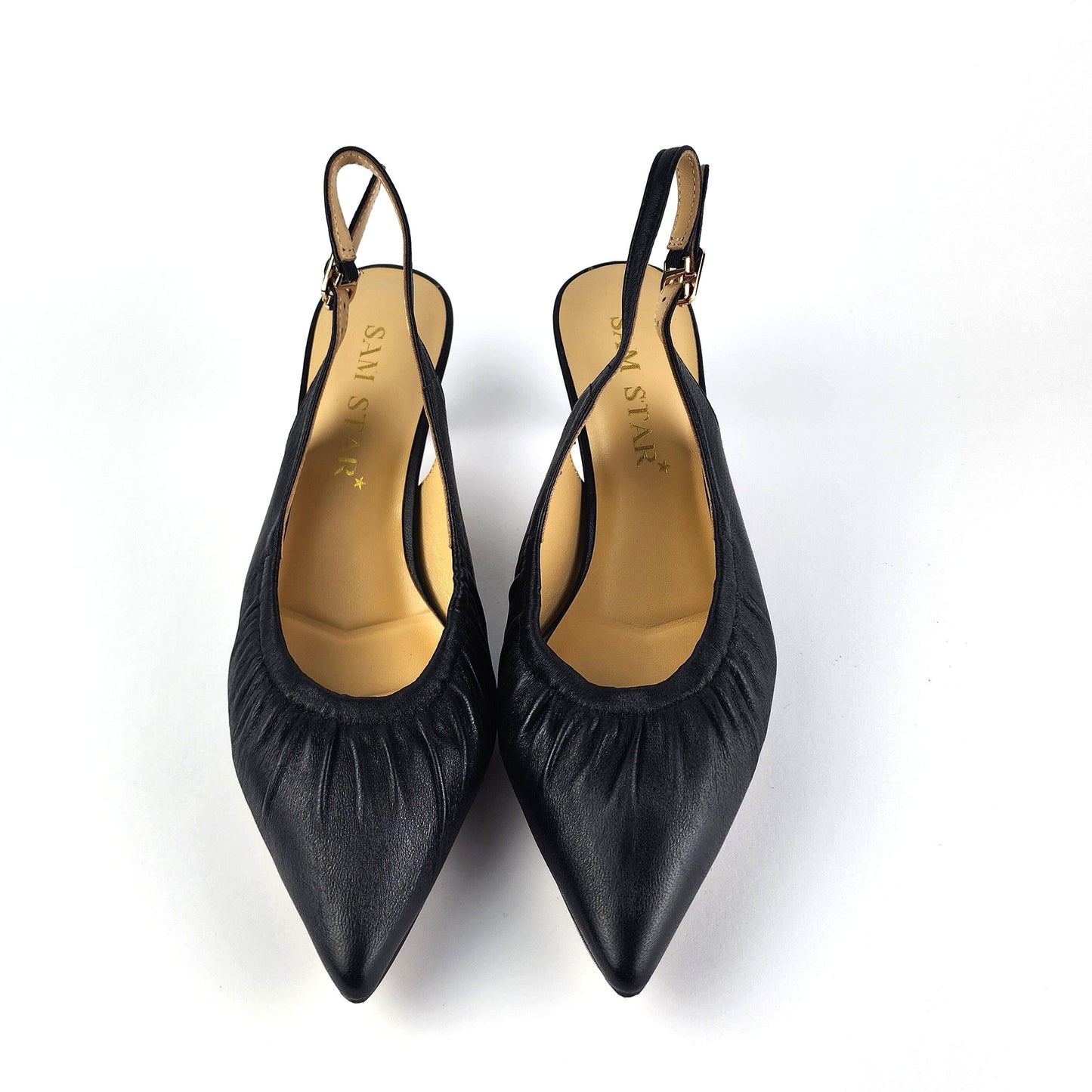 SS26001 Leather court shoes with gathering detail with elastic in Black (New) ladies shoes Sam Star shoes 