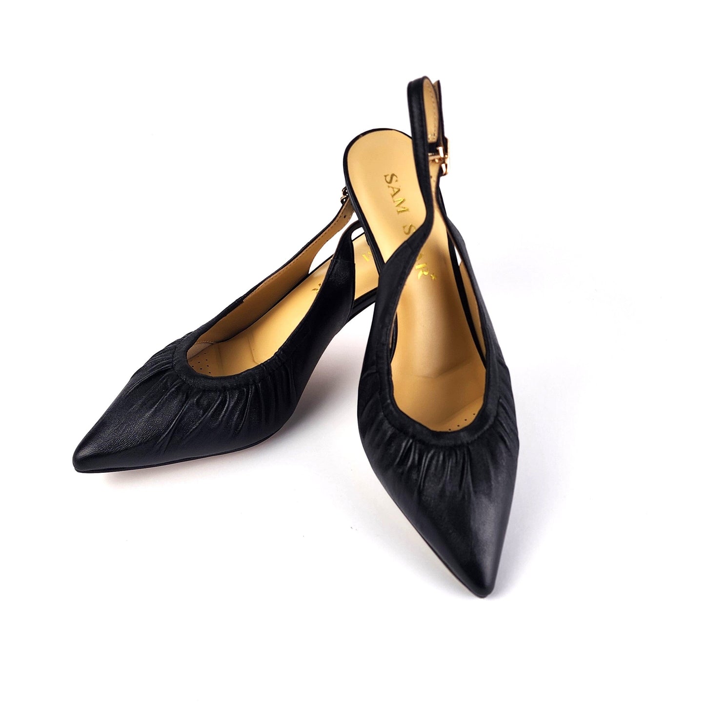 SS26001 Leather court shoes with gathering detail with elastic in Black (New) ladies shoes Sam Star shoes 
