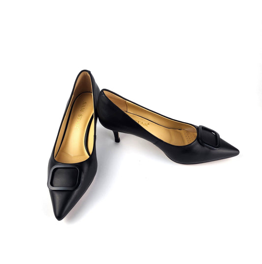 SS26002 Leather court shoes with new buckle - Black ladies shoes Sam Star shoes 