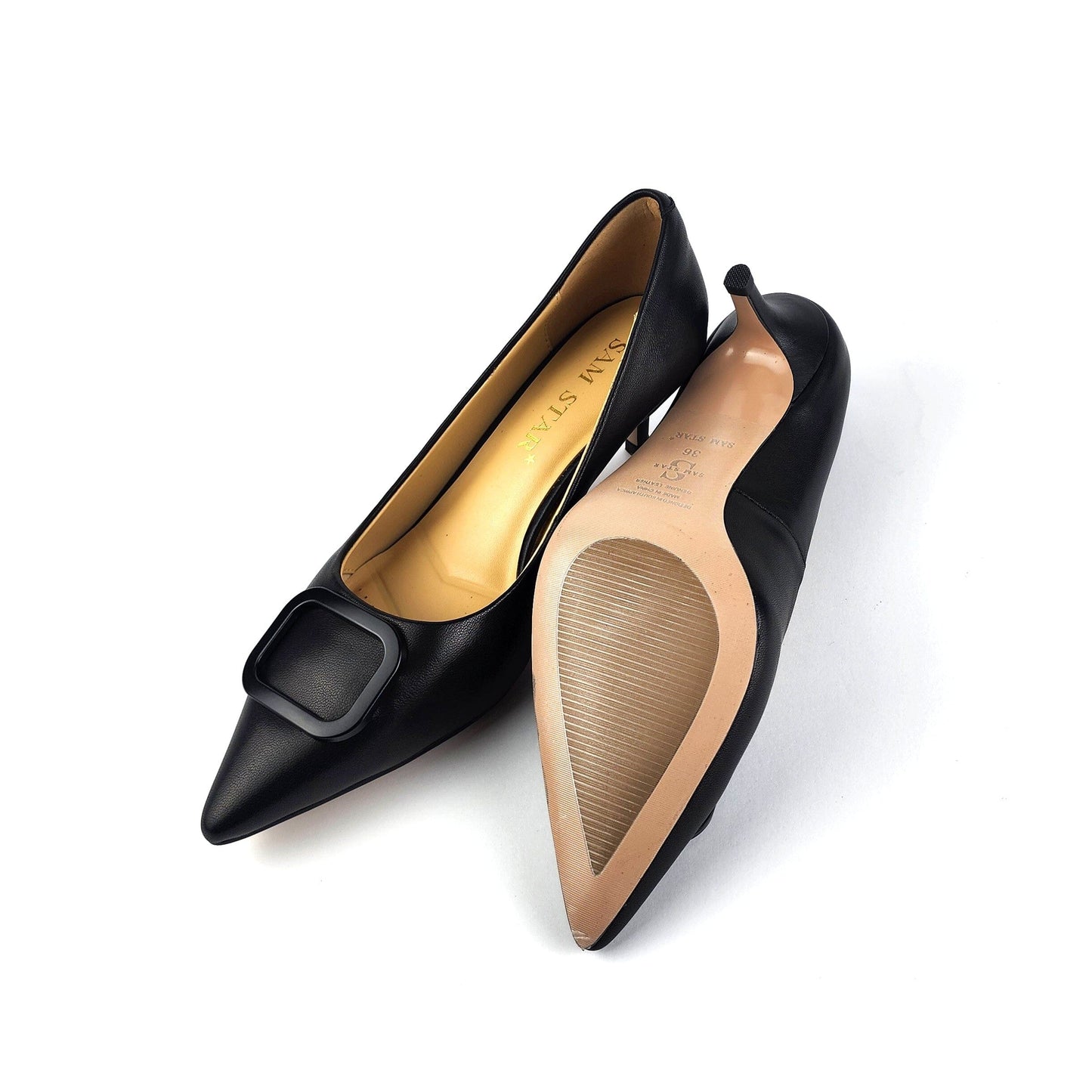 SS26002 Leather court shoes with new buckle - Black ladies shoes Sam Star shoes 