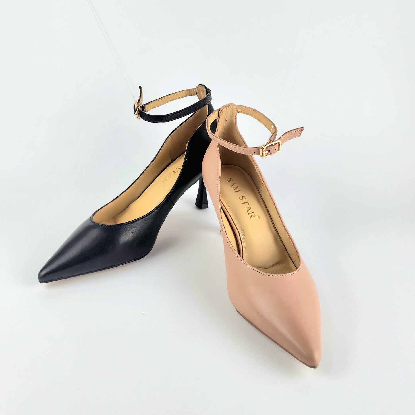 SS26004 Leather court shoes with ankle straps in Black and Pale pink (New) ladies shoes Sam Star Shoes 
