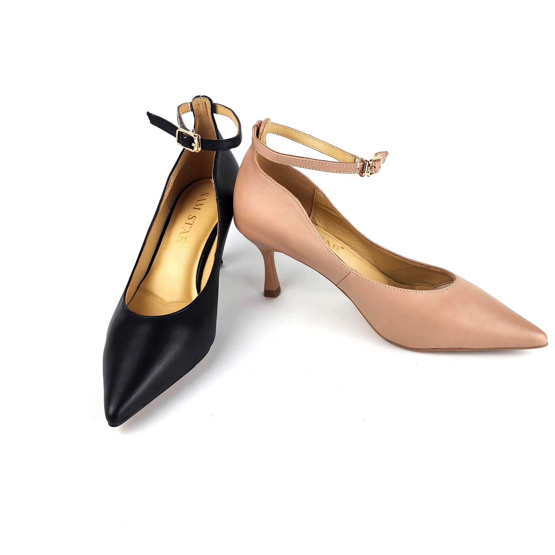SS26004 Leather court shoes with ankle straps in Black and Pale pink (New) ladies shoes Sam Star Shoes 