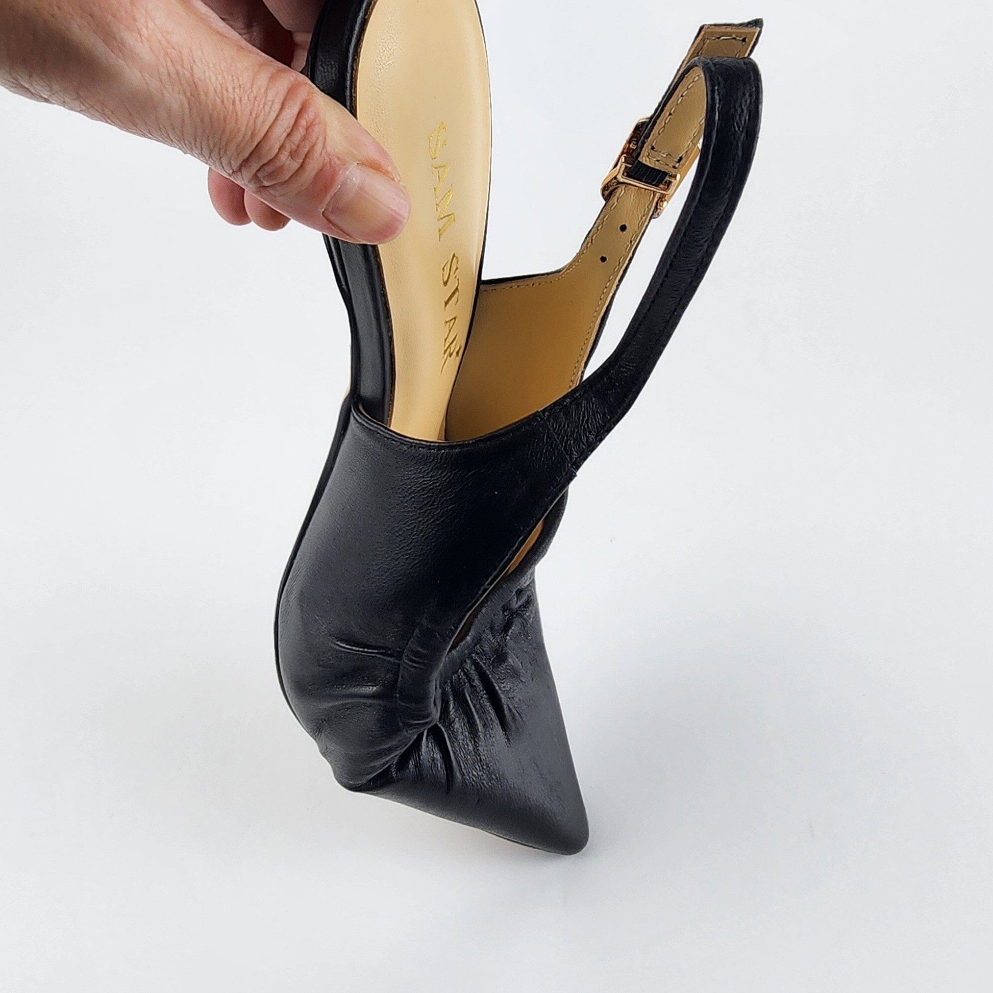 SS26001 Leather court shoes with gathering detail with elastic in Black (New) ladies shoes Sam Star shoes 