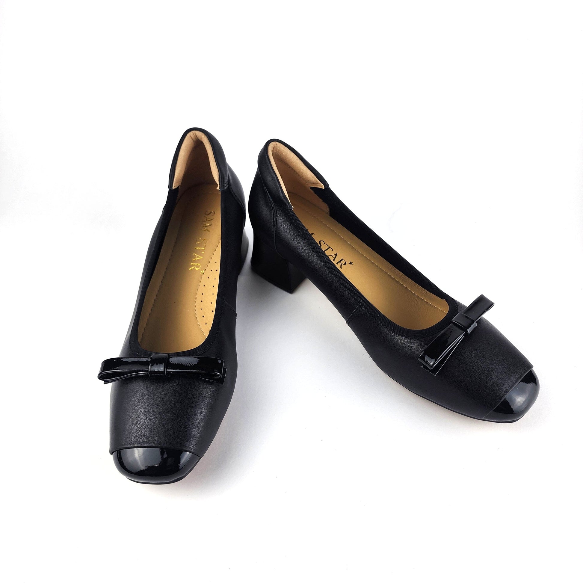 SS26005 Leather pumps with bow in block heel in Black and White (New) Pumps Sam Star shoes 