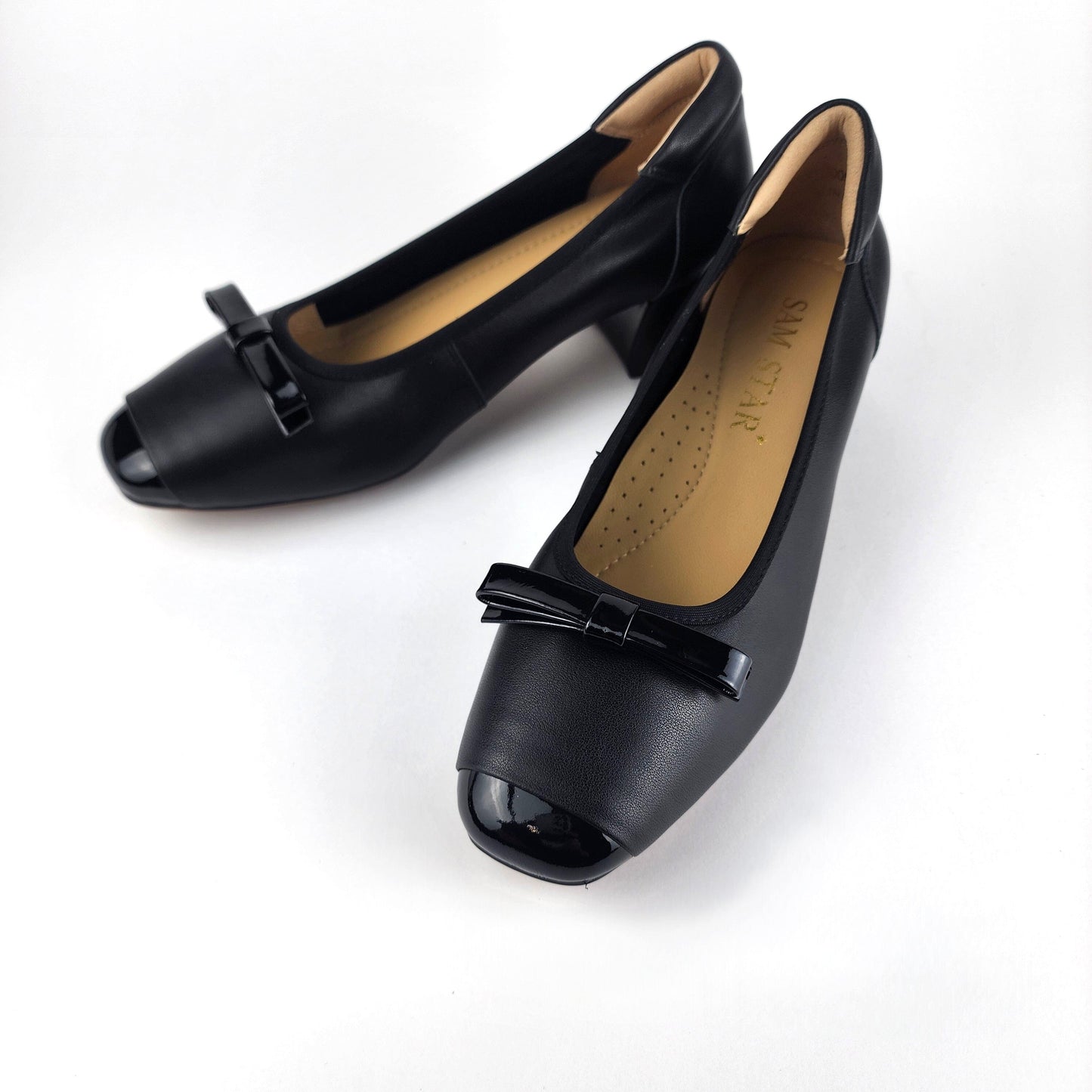 SS26005 Leather pumps with bow in block heel in Black and White (New) Pumps Sam Star shoes Black 36/3 