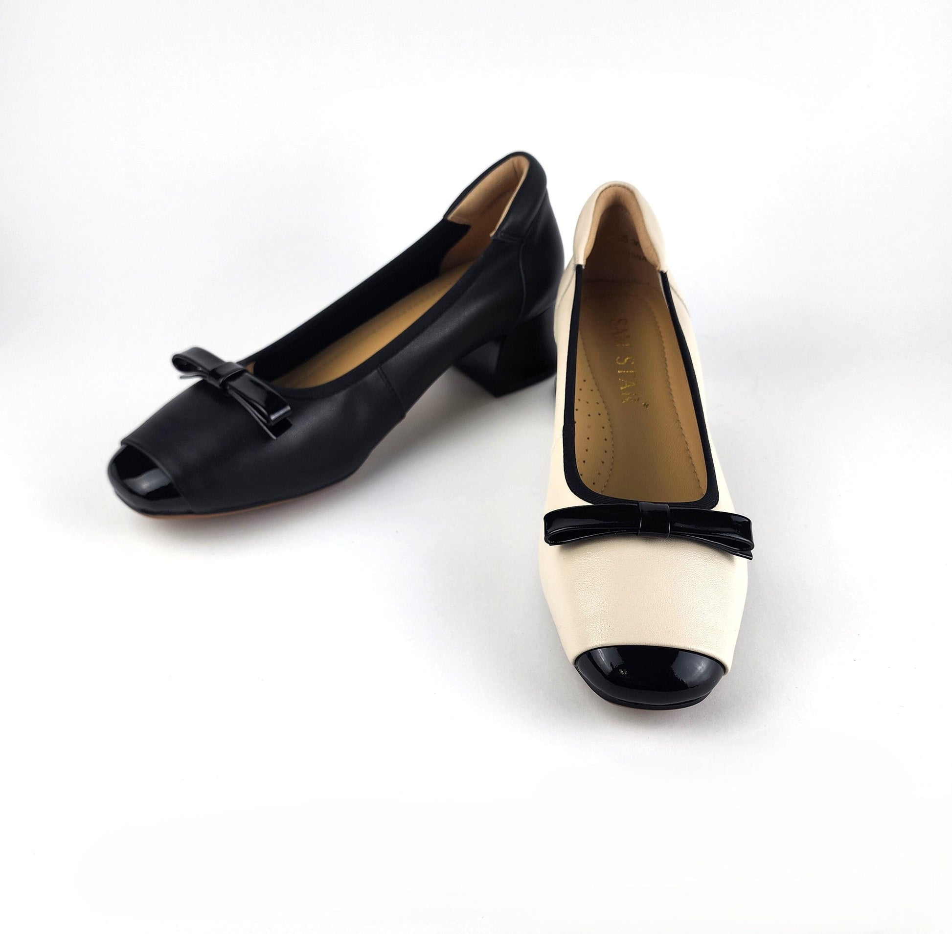 SS26005 Leather pumps with bow in block heel in Black and White (New) Pumps Sam Star shoes 