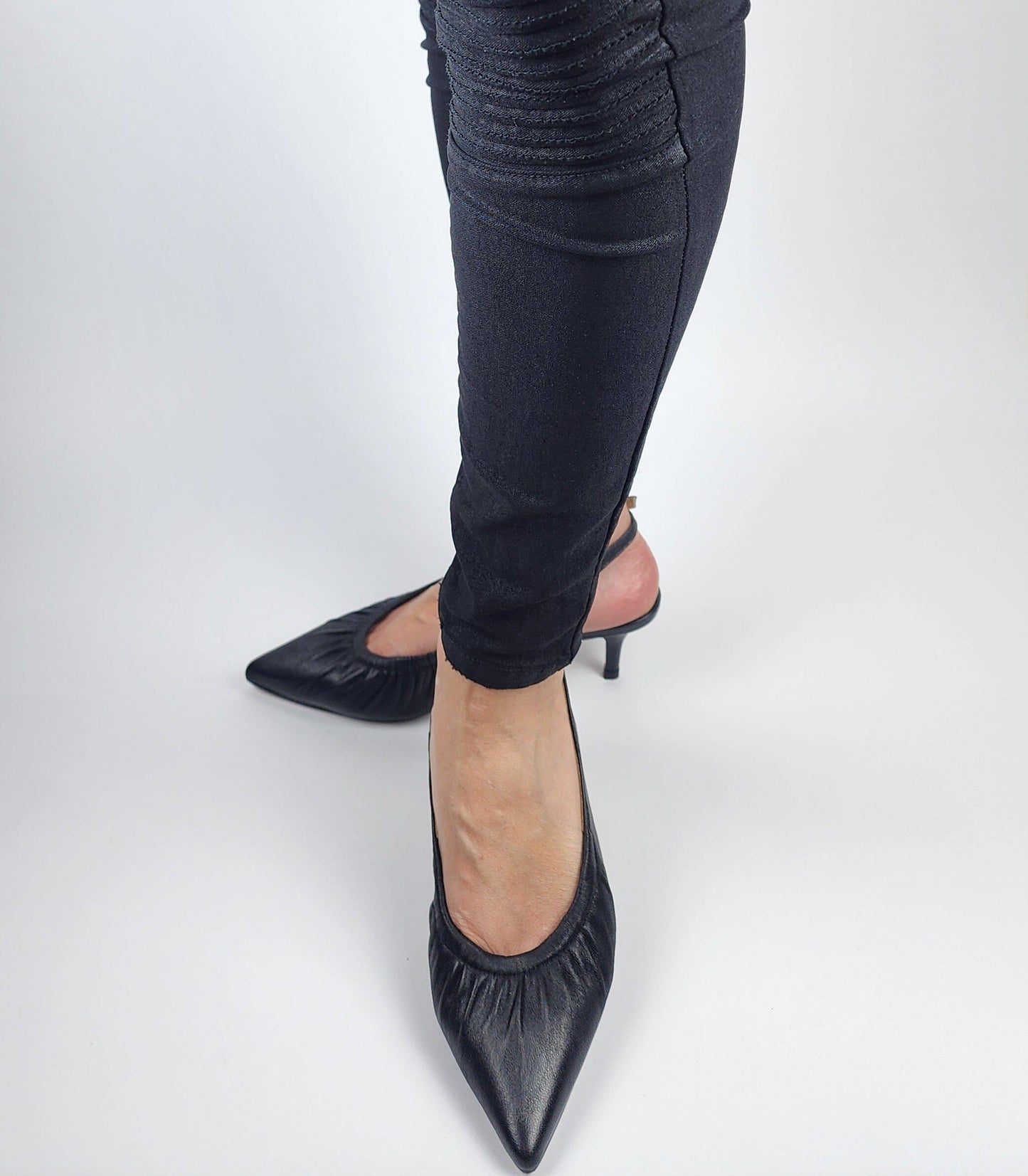 SS26001 Leather court shoes with gathering detail with elastic in Black (New) ladies shoes Sam Star shoes 