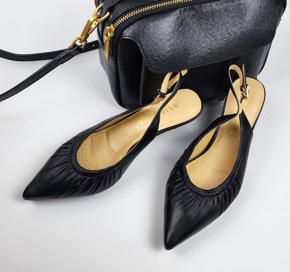SS26001 Leather court shoes with gathering detail in Black (SALE) – Sam ...