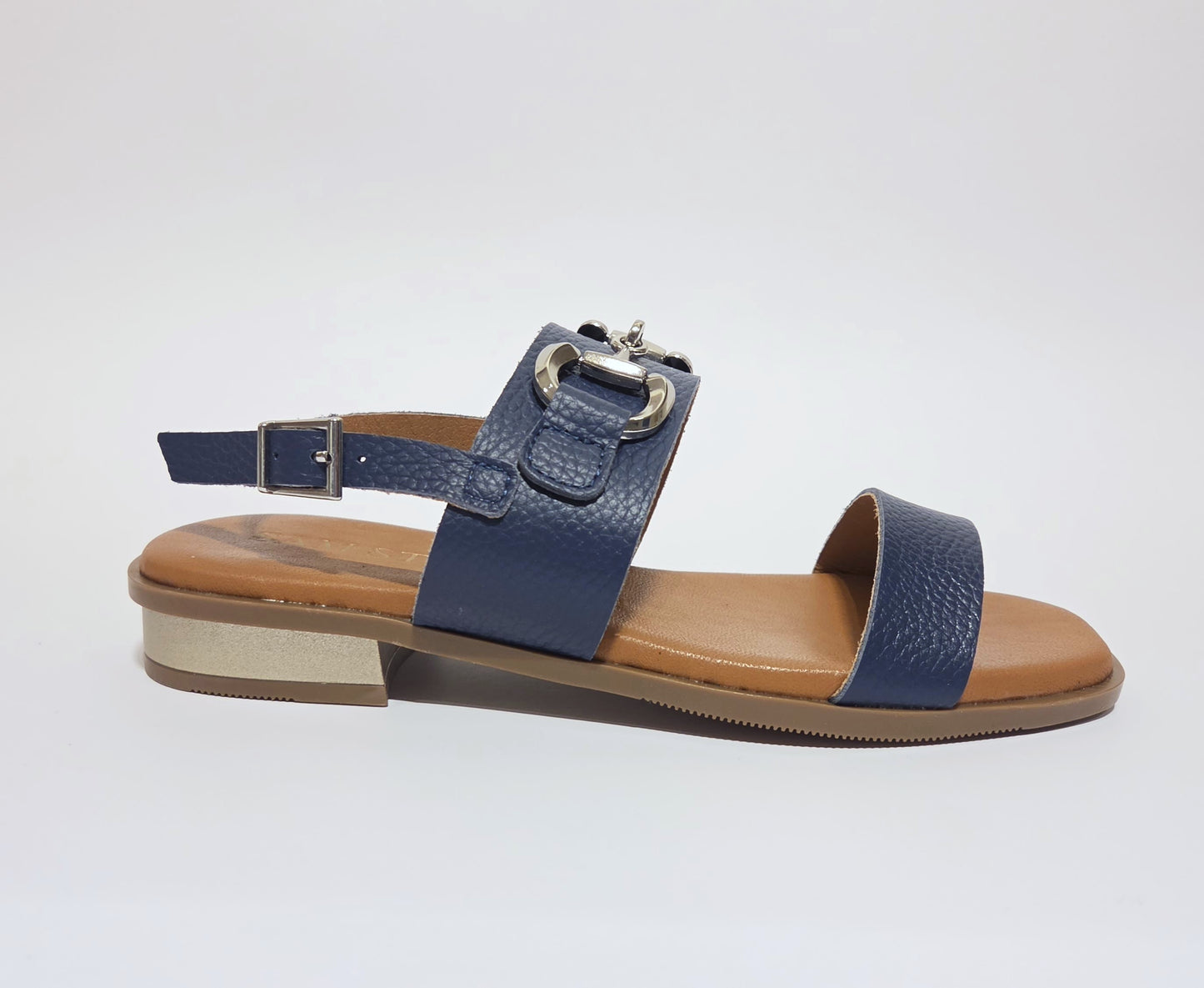 5873 Spanish leather sandals with gold buckle in Navy and white (New)