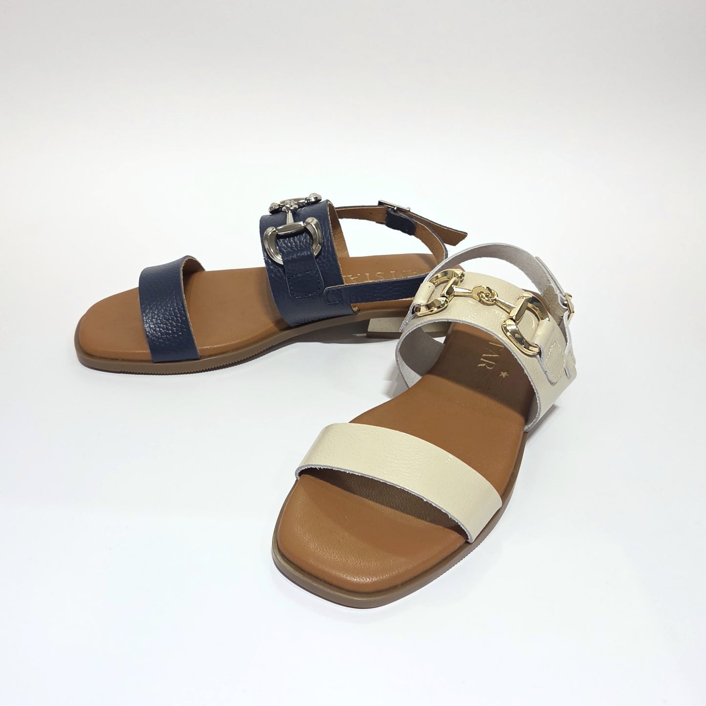 5873 Spanish leather sandals with gold buckle in Navy and white (New)