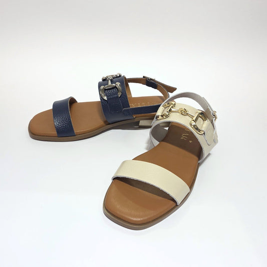 5873 Spanish leather sandals with gold buckle in Navy and white (New) sandals Sam Star Shoes 