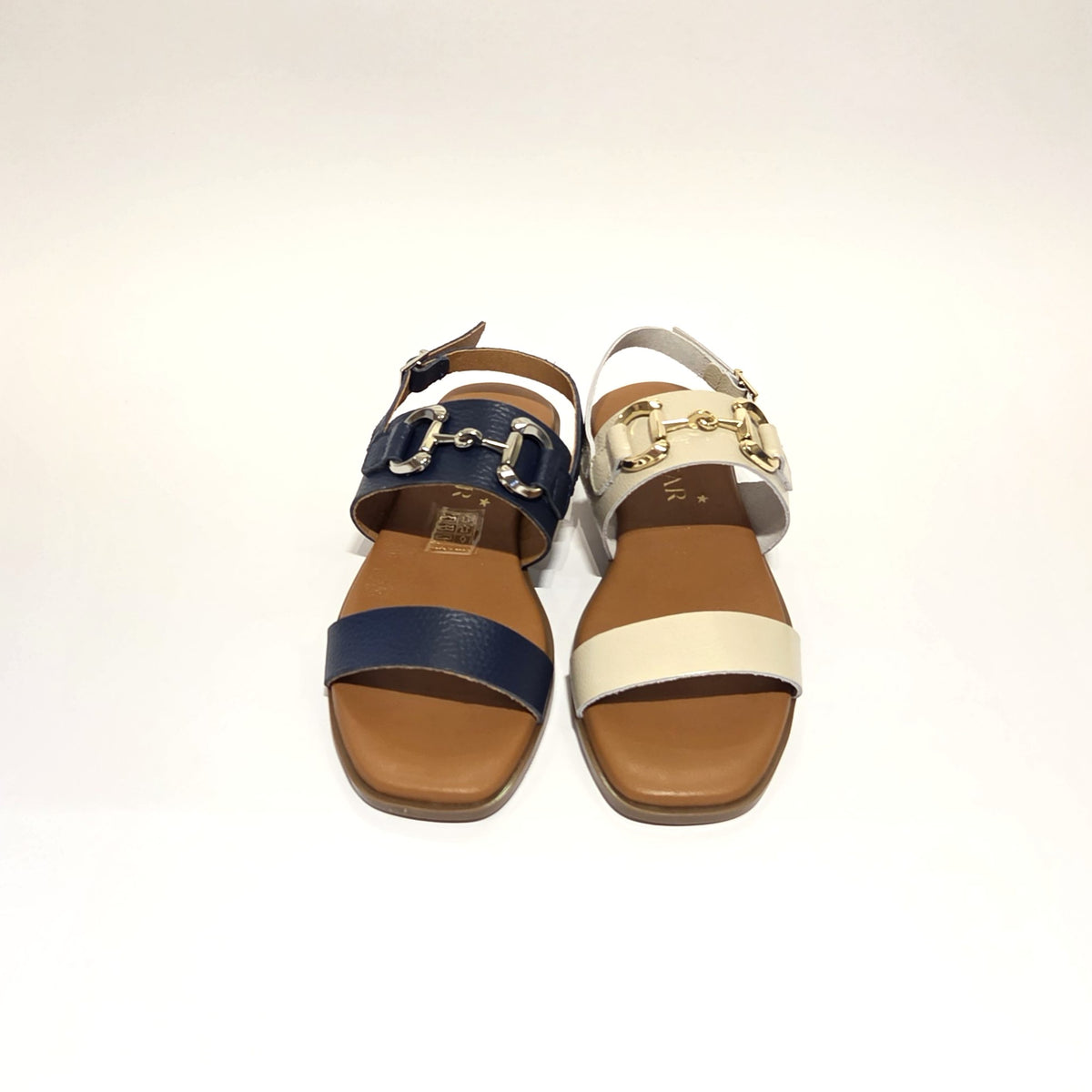 5873 Spanish leather sandals with gold buckle in Navy and white (New)
