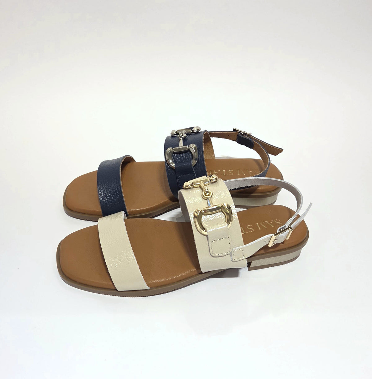 5873 Spanish leather sandals with gold buckle in Navy and white (New)
