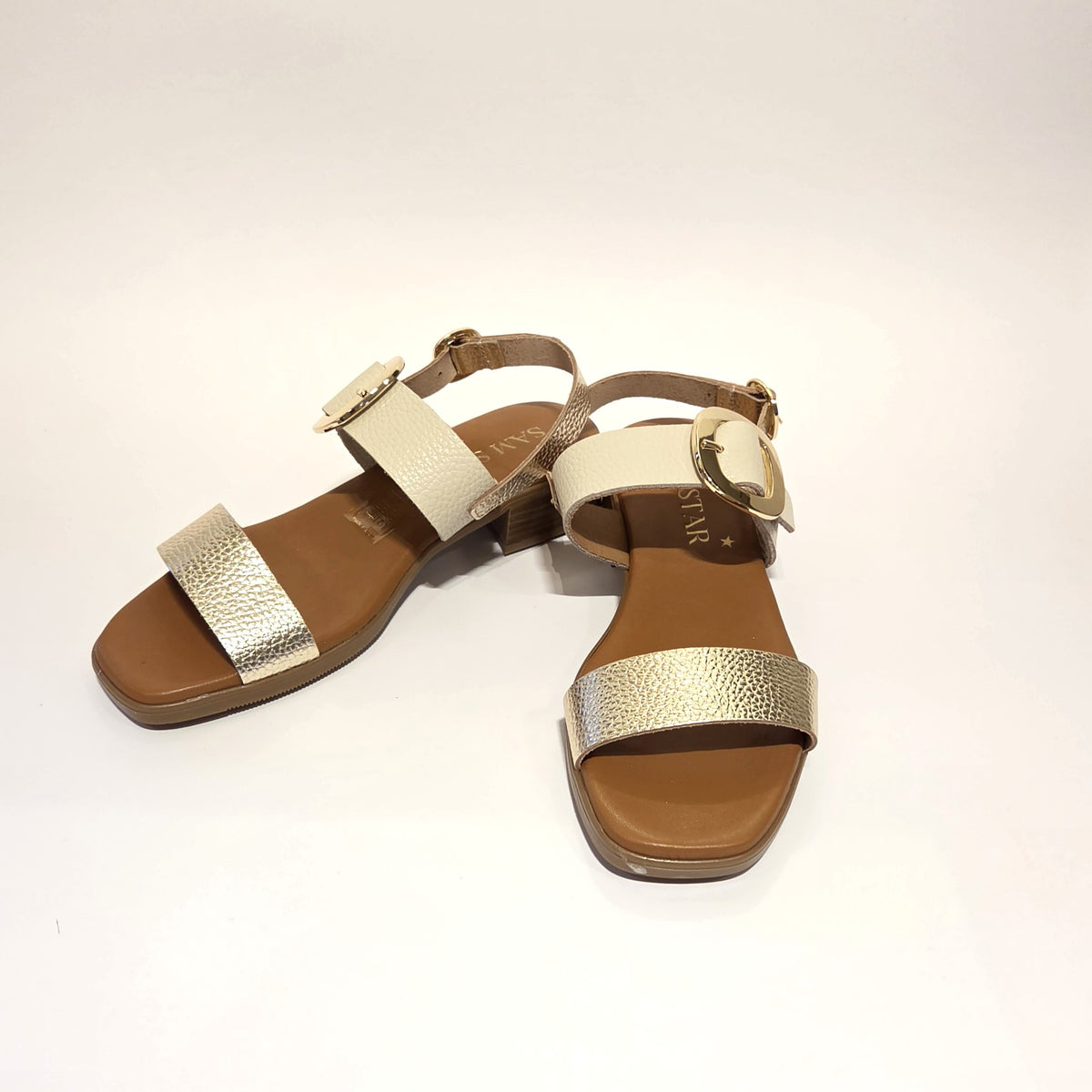5894 Spanish leather sandals with gold buckle in multi colour and white (New)